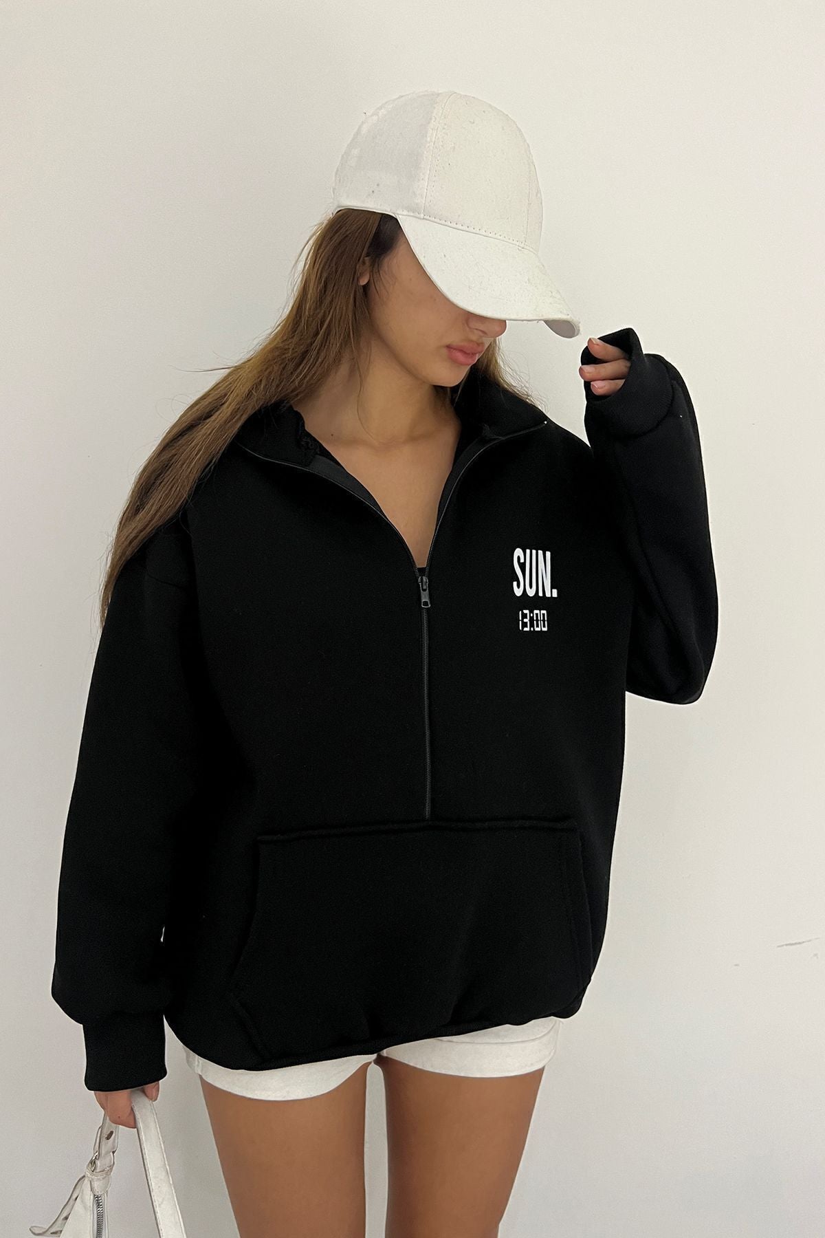 Sun Victoria Lacivert Unisex Dik Yaka Fermualı Oversize 3 Iplik İçi Şardonlu Baskılı Sweatshirt