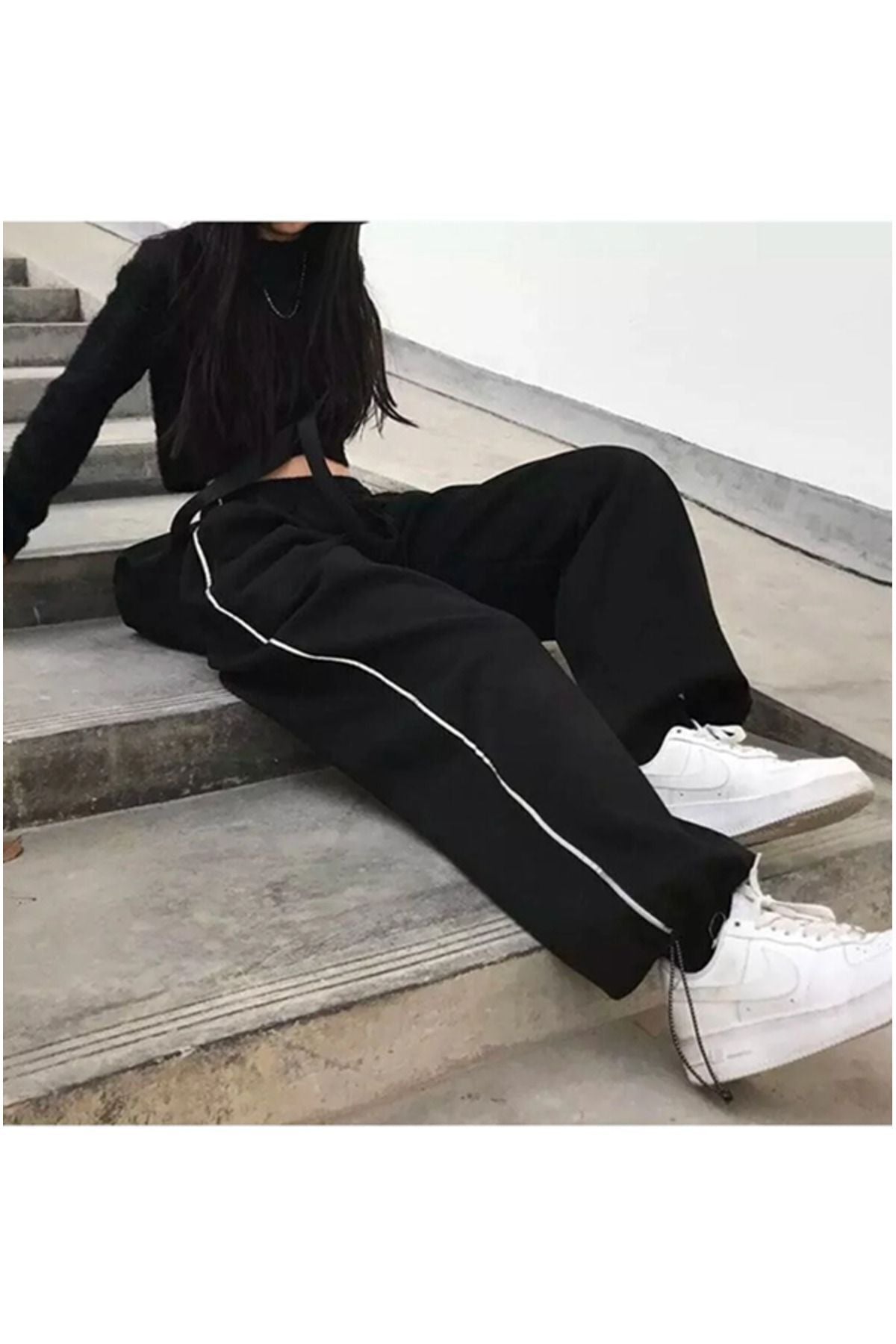 pandy Harajuku Zip Detail Black Tracksuit Oversize Eşofman Altı