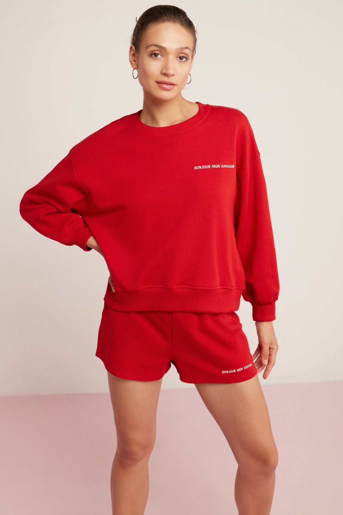 ETHIQUET Sandra Kadın Pamuklu Içi Polarlı Yumuşacık Göğsü Baskılı Yuvarlak Yaka Comfort Kırmızı Sweatshirt