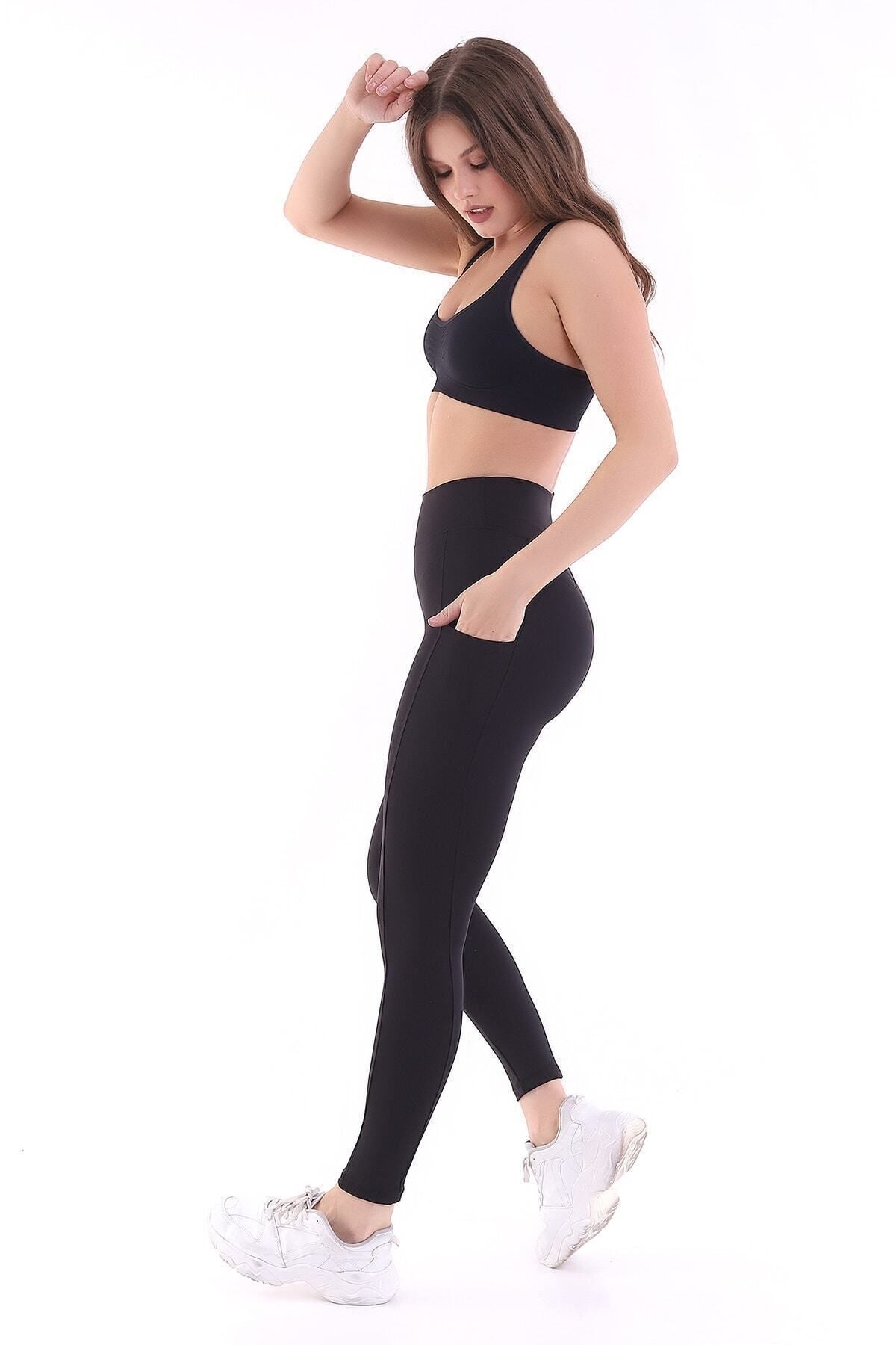 EMFURE Siyah Kadın Spor Tayt Çift Cepli Sıkılaştırıcı Toparlayıcı Yüksek Bel Sporcu Taytı Leggings Fitness