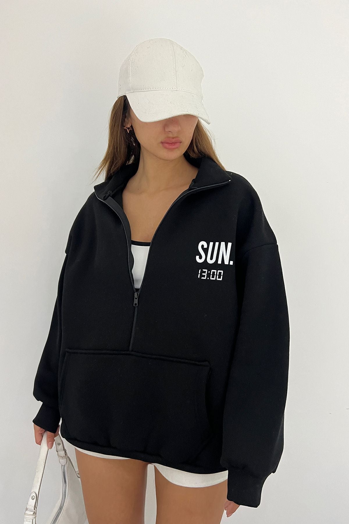 Sun Victoria Lacivert Unisex Dik Yaka Fermualı Oversize 3 Iplik İçi Şardonlu Baskılı Sweatshirt