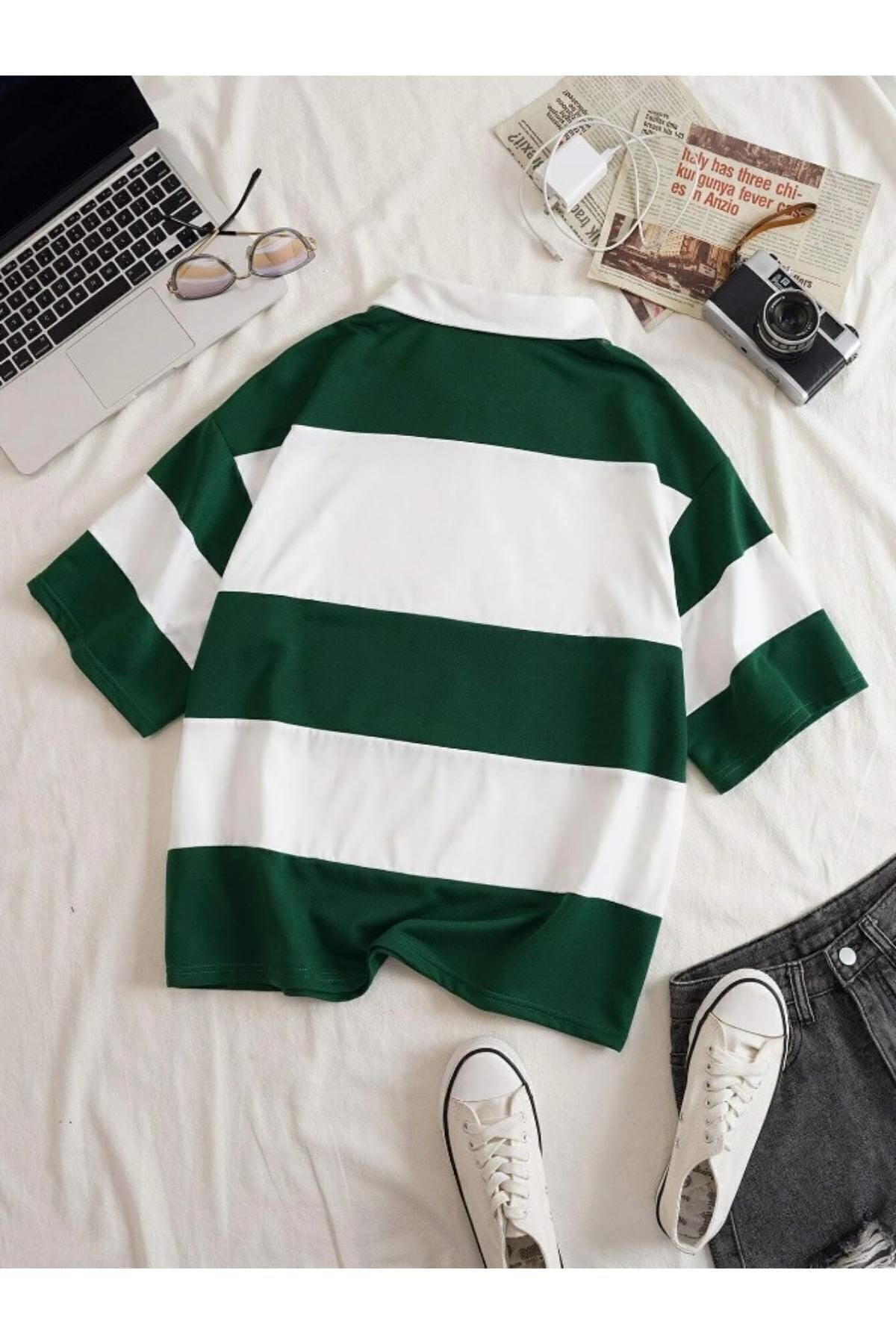 RASCHA Kadın Yeşil Çizgili NY Baskılı Fermuarlı Polo Yaka Oversize T-shirt