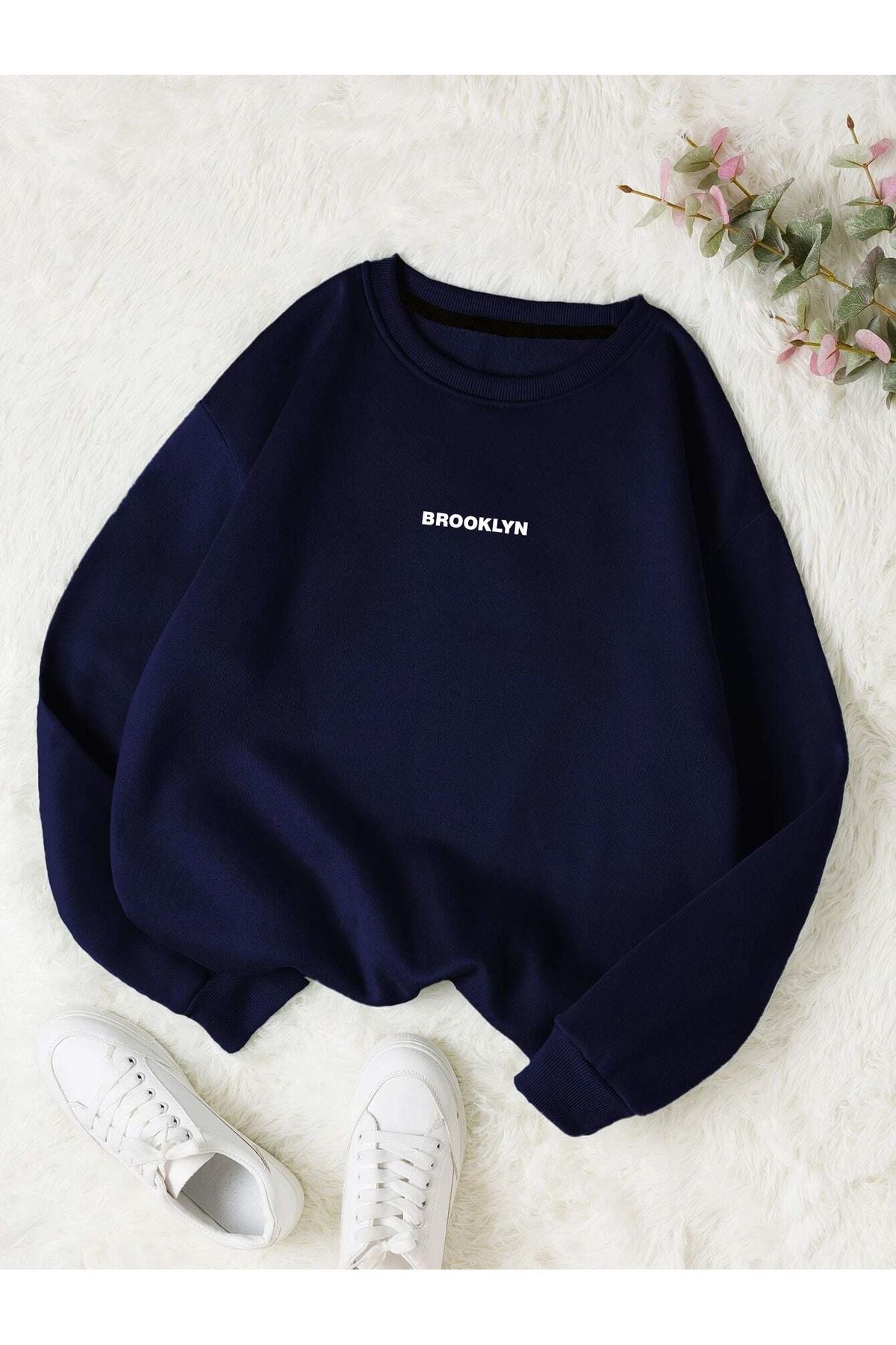 Revasser Unisex Kadın/Erkek Brooklyn Özel Renkli Oversize Bisiklet Yaka Pamuklu Sweatshirt