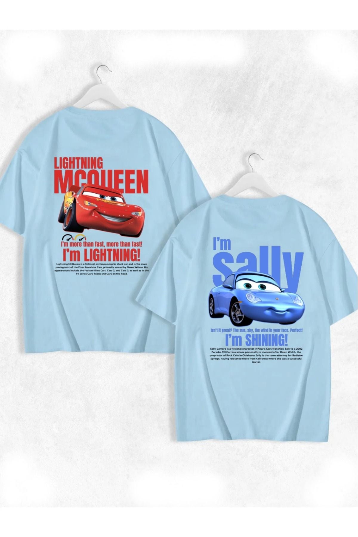 FULL TOLERANCE Unisex Siyah Beyaz I'm Sally Ve Şimşek McQueen Cars Baskılı 2'li Kısa Kol %100 Pamuk T-shirt