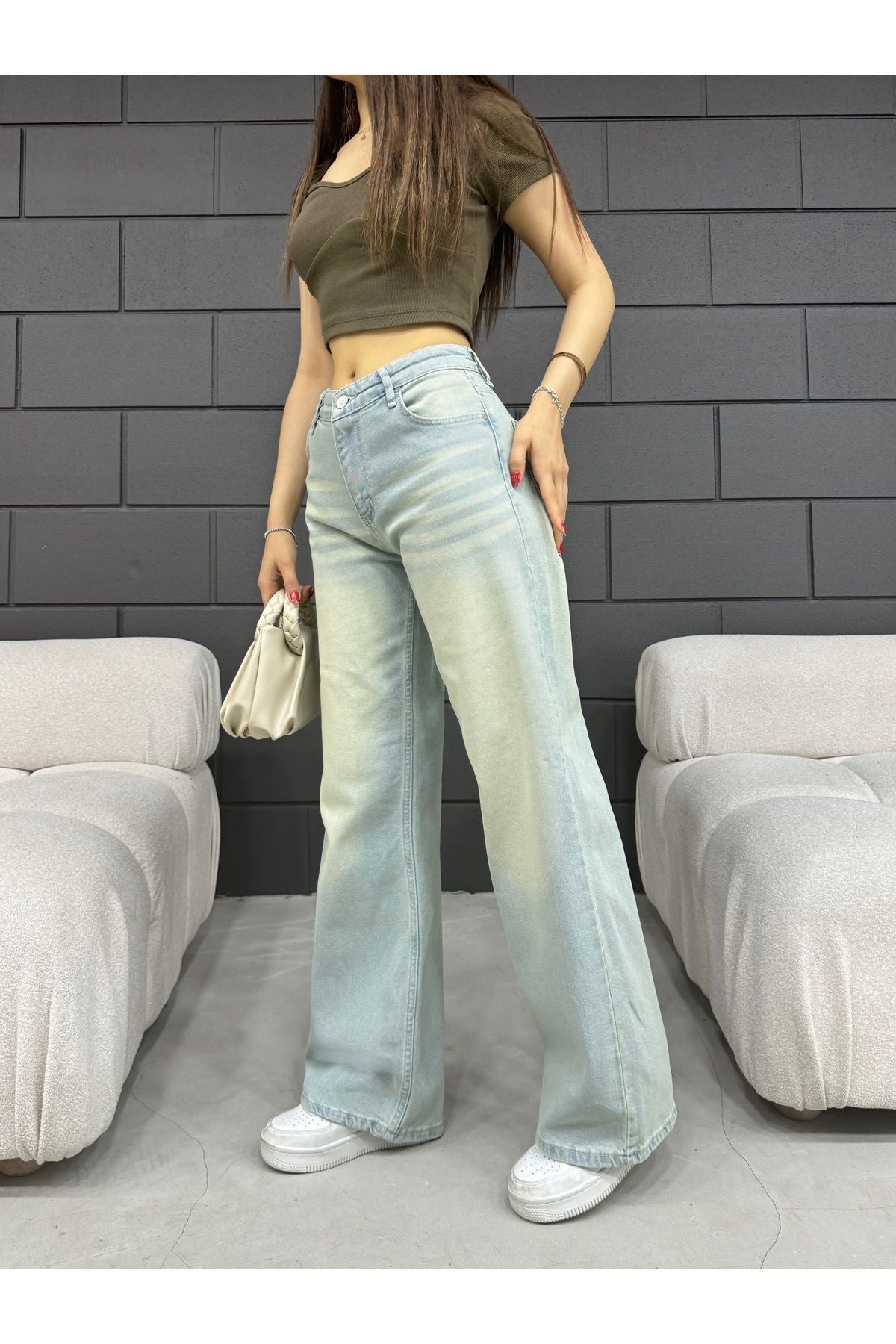 BİKELİFE Kadın Soluk Efekt Vintage Yüksek Bel Wide Leg Jeans