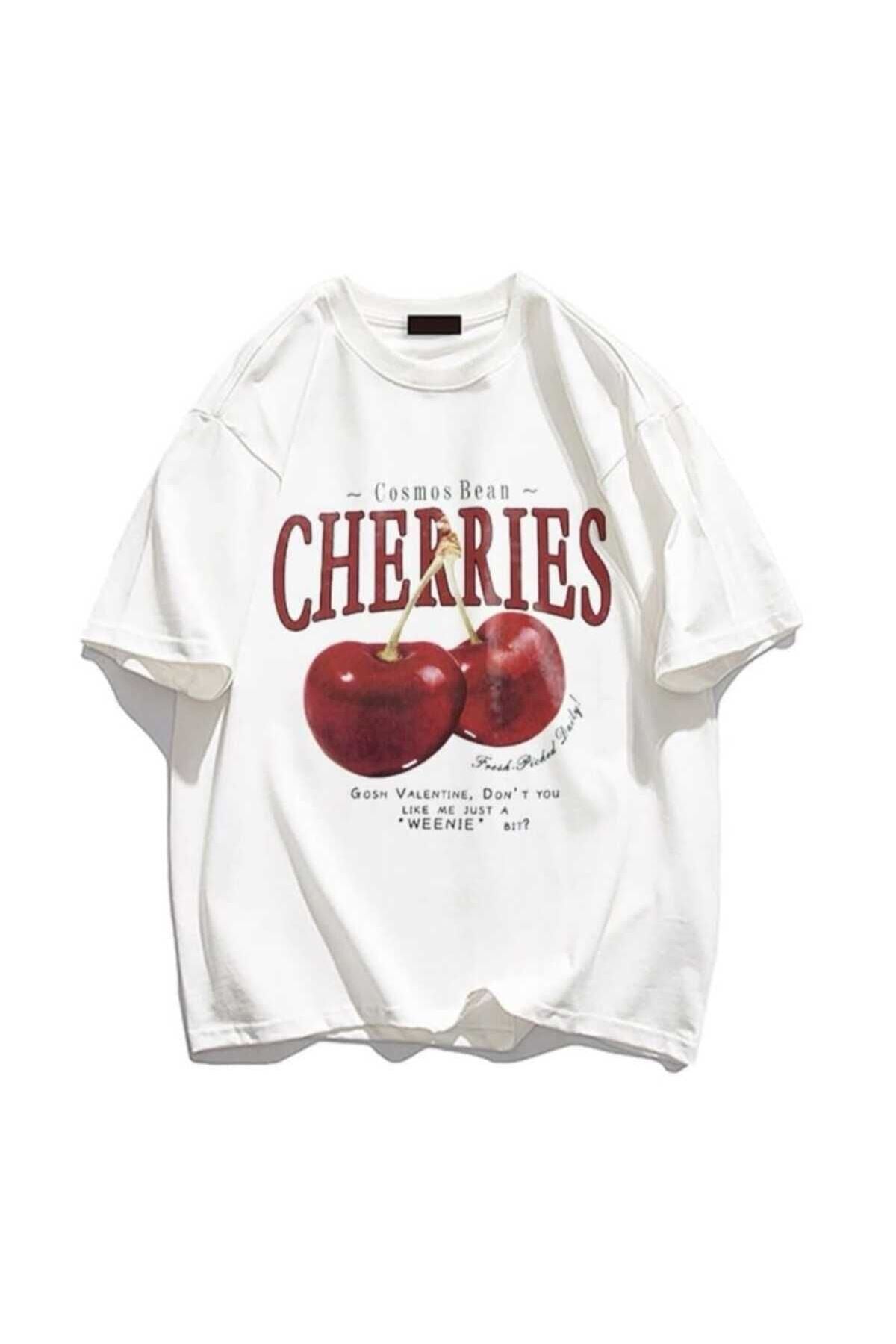 Elvino Red Cherries Baskılı Oversize Unisex  Tshirt