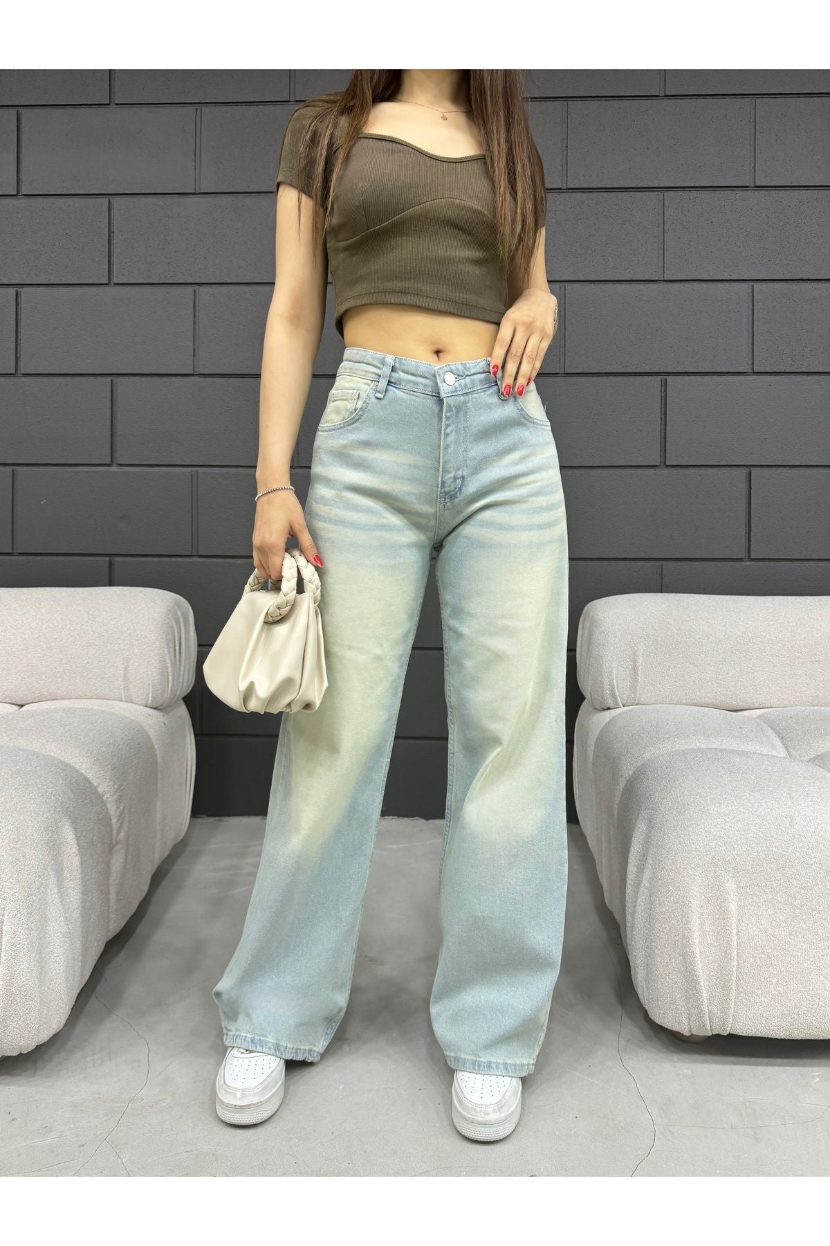 BİKELİFE Kadın Soluk Efekt Vintage Yüksek Bel Wide Leg Jeans