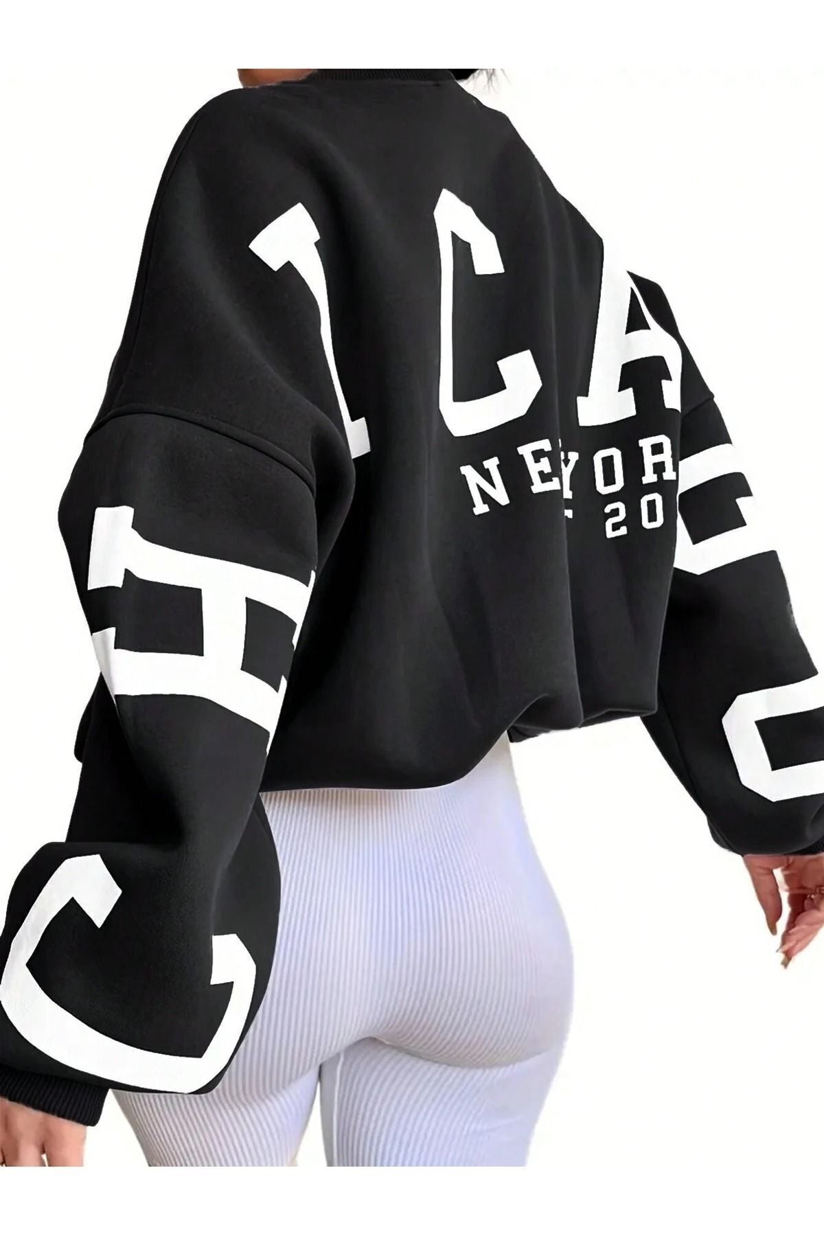 Know Kadın 3 Iplik Bej Kolları Chicago Baskılı Oversize Bisiklet Yaka Sweatshirt