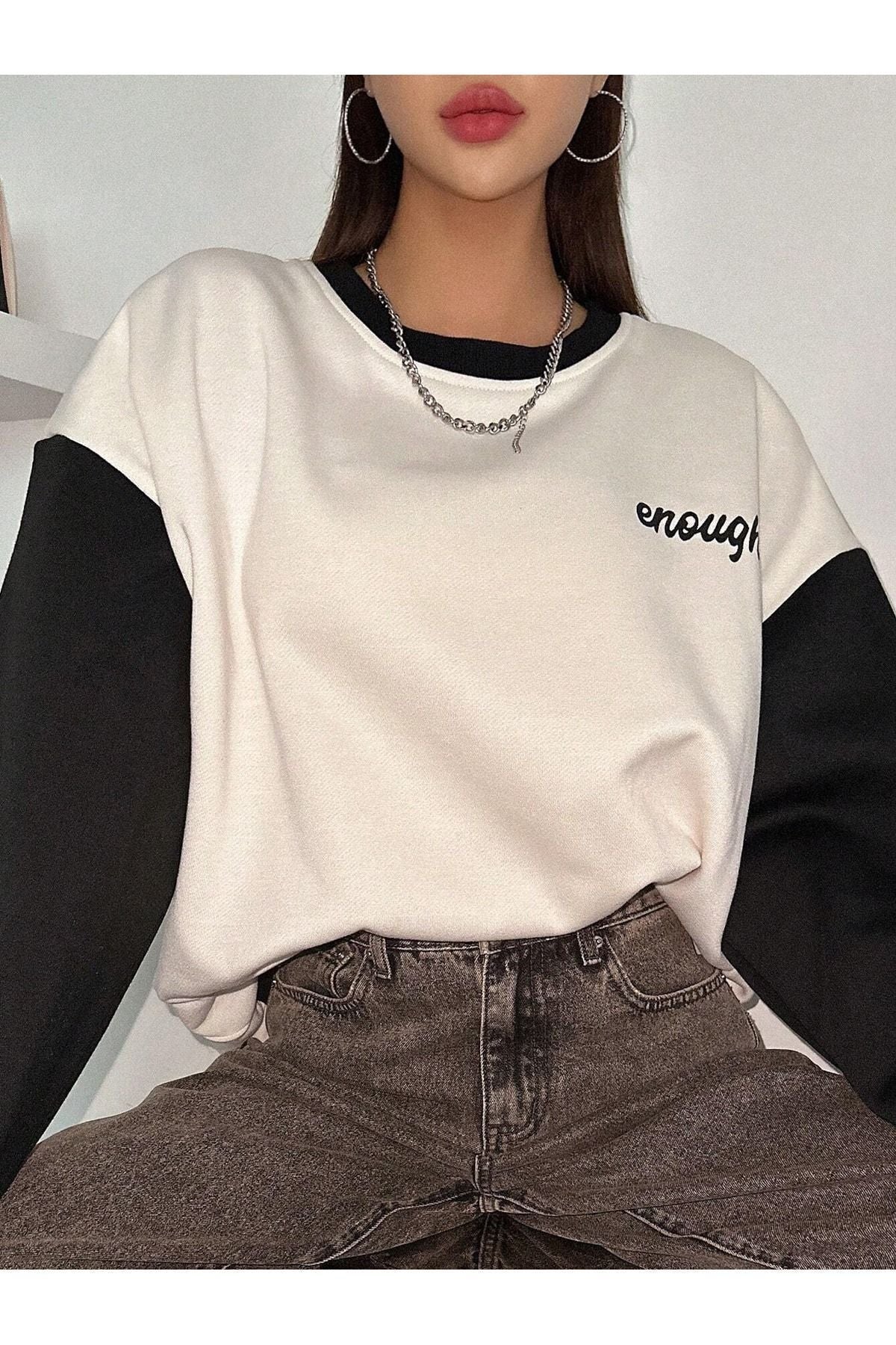 Know Kadın 3 Iplik Beyaz Enough Baskılı Füme Kol Detay Oversize Sweatshirt