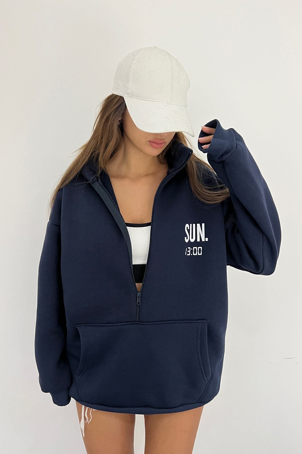 Sun Victoria Lacivert Unisex Dik Yaka Fermualı Oversize 3 Iplik İçi Şardonlu Baskılı Sweatshirt