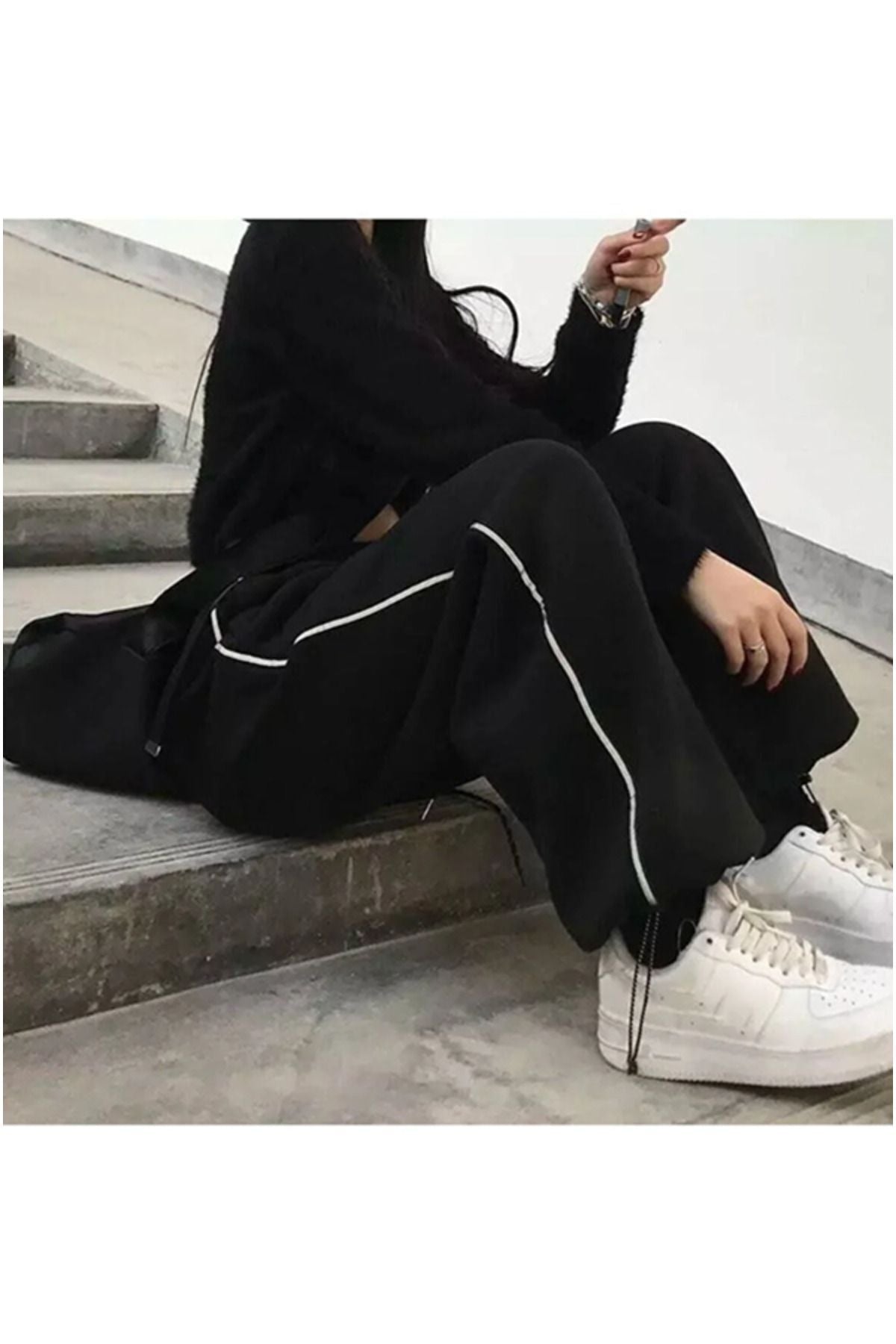 pandy Harajuku Zip Detail Black Tracksuit Oversize Eşofman Altı