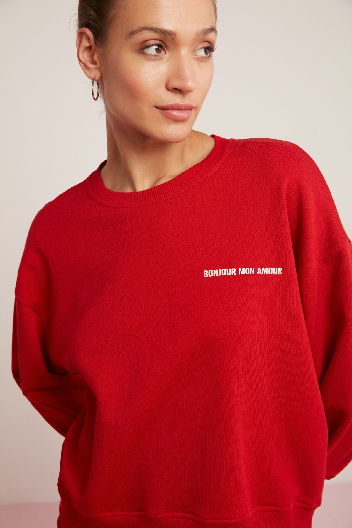 ETHIQUET Sandra Kadın Pamuklu Içi Polarlı Yumuşacık Göğsü Baskılı Yuvarlak Yaka Comfort Kırmızı Sweatshirt