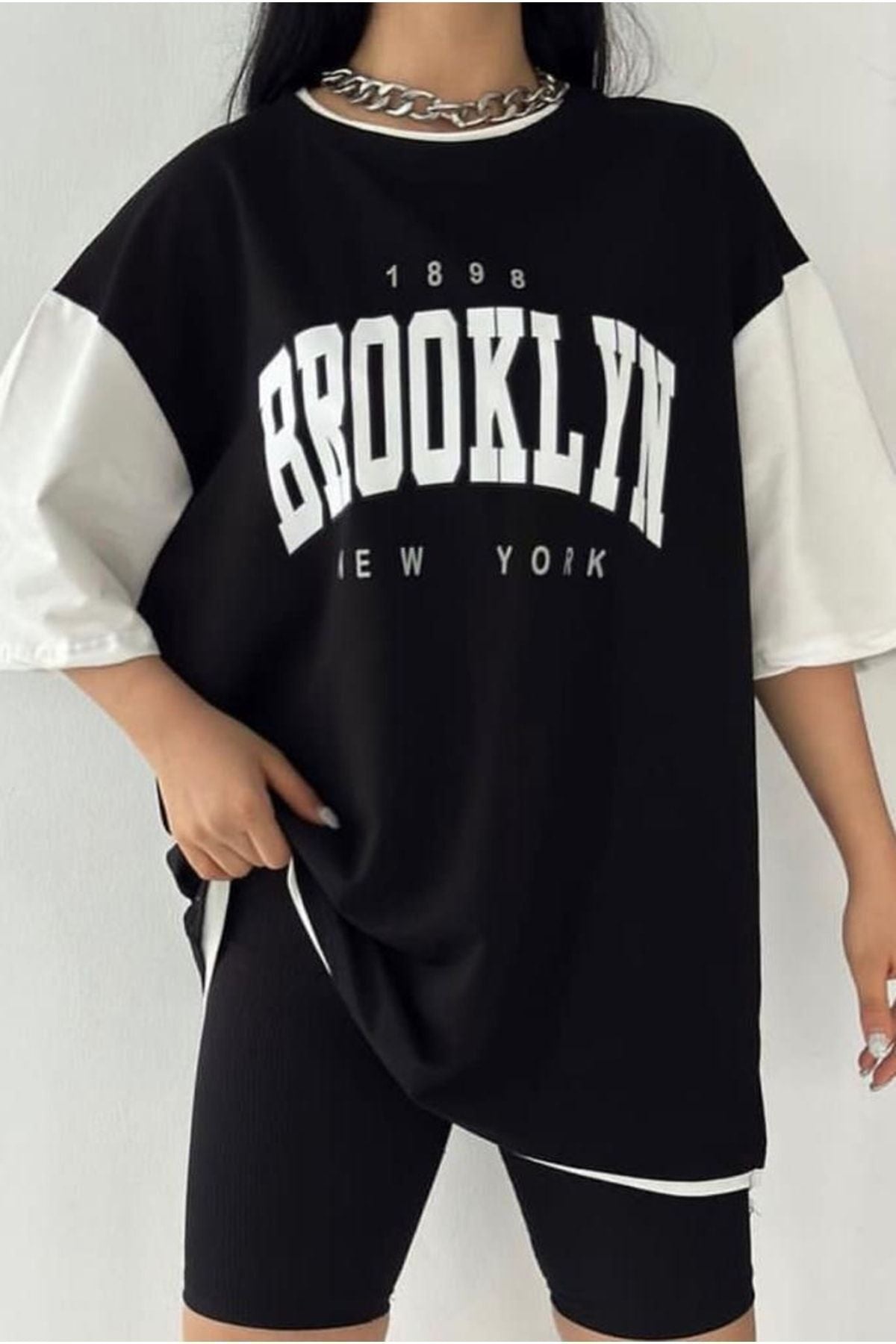 Tarzsokak Siyah Oversize Çift Renk Brooklyn Baskılı Unisex Tshirtt