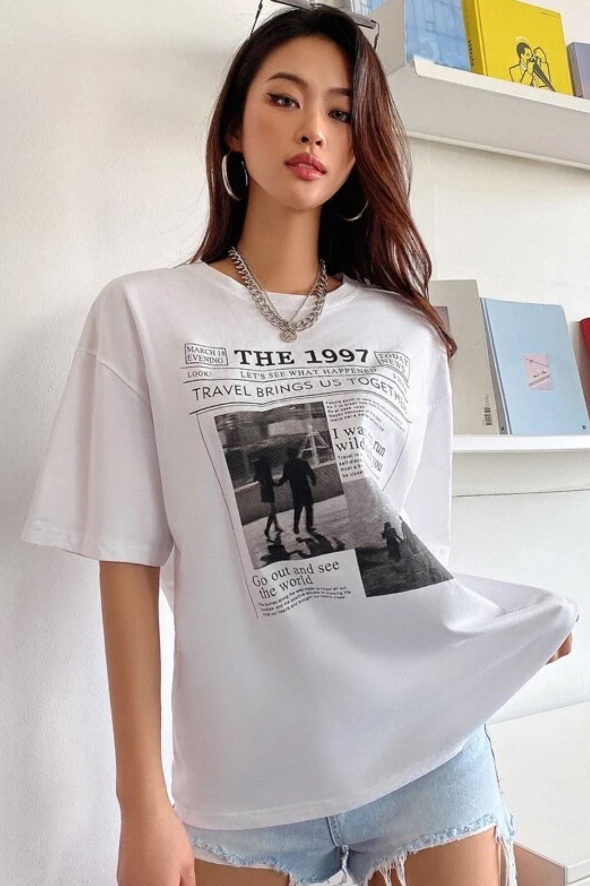 MODAGEN Kadın Bej The 1997 Baskılı Oversize T-shirt