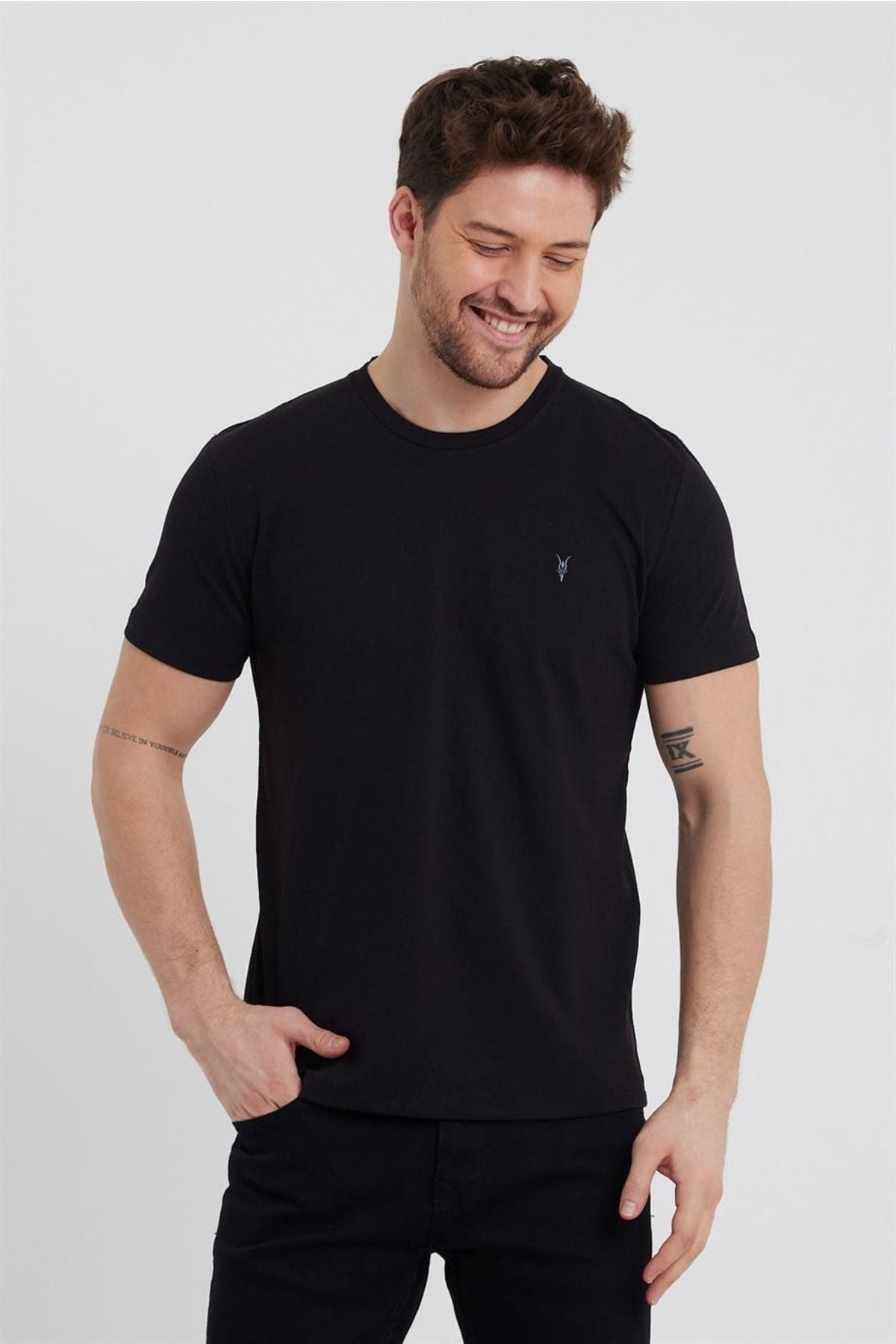 COMBINE Erkek Beyaz-Lacivert-Siyah-Haki-Gri Melanj Slim Fit Bisiklet Yaka %100 Pamuk 5'li T-Shirt