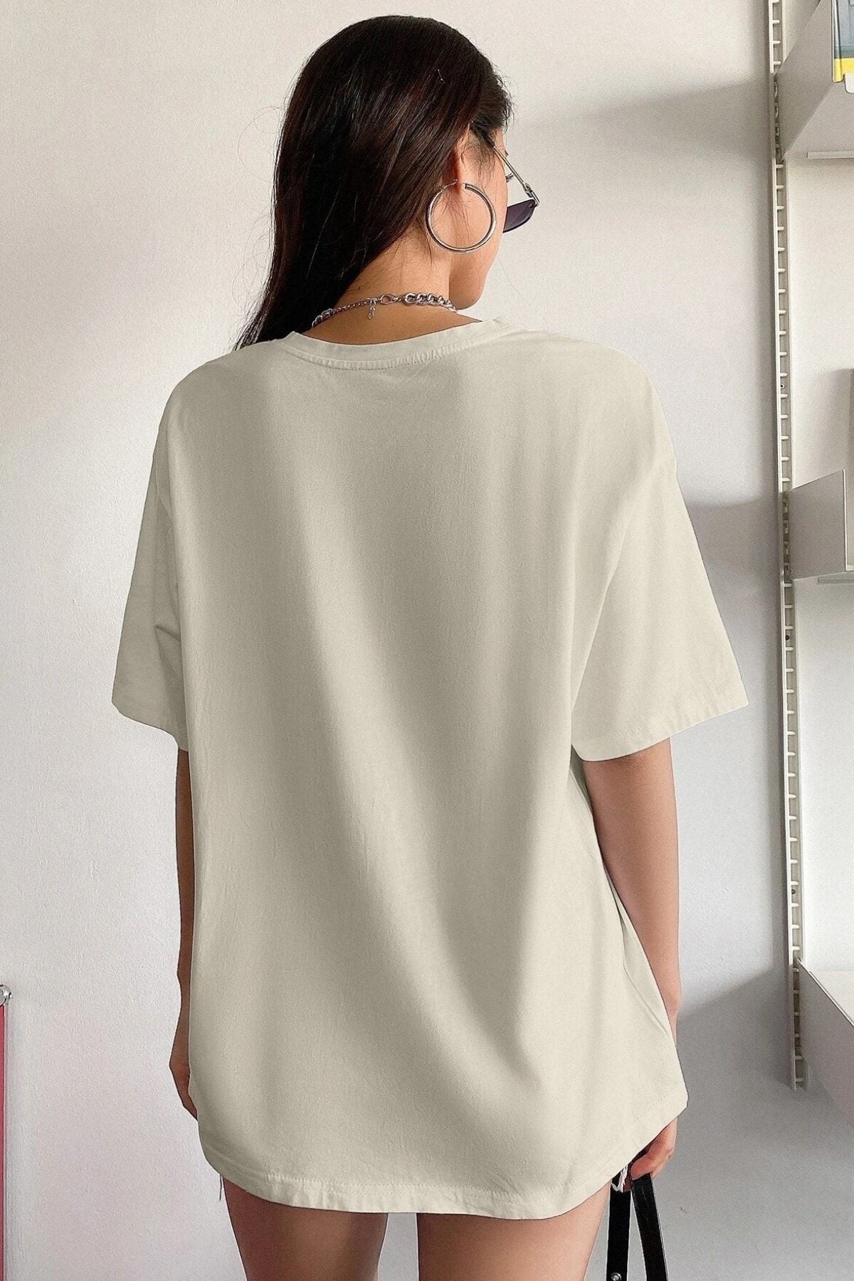 MODAGEN Kadın Bej The 1997 Baskılı Oversize T-shirt