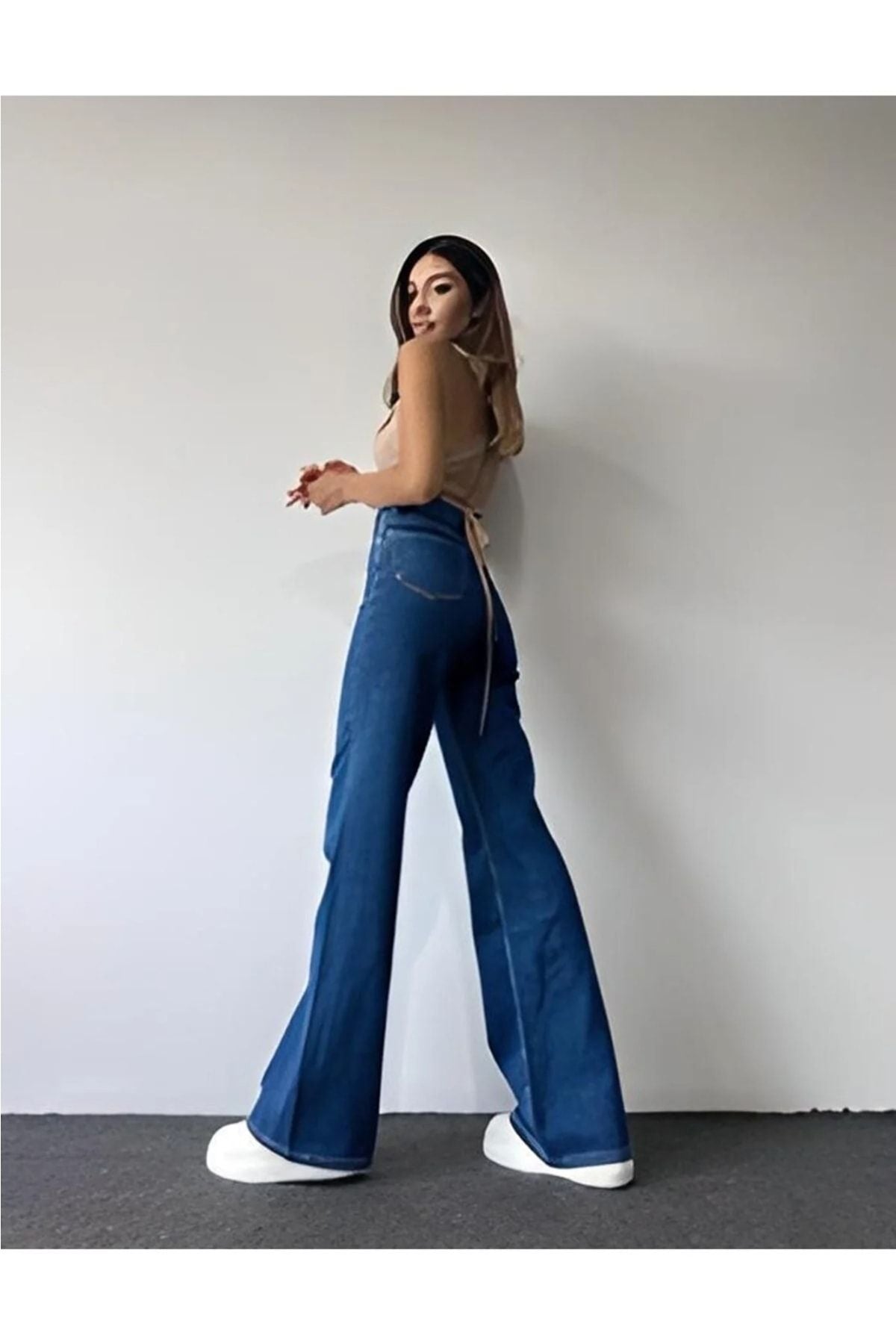 DRC trend Kadın Füme Kar Yıkama Süper Yüksek Bel Likralı Bol Paça Denim Kot Pantolon