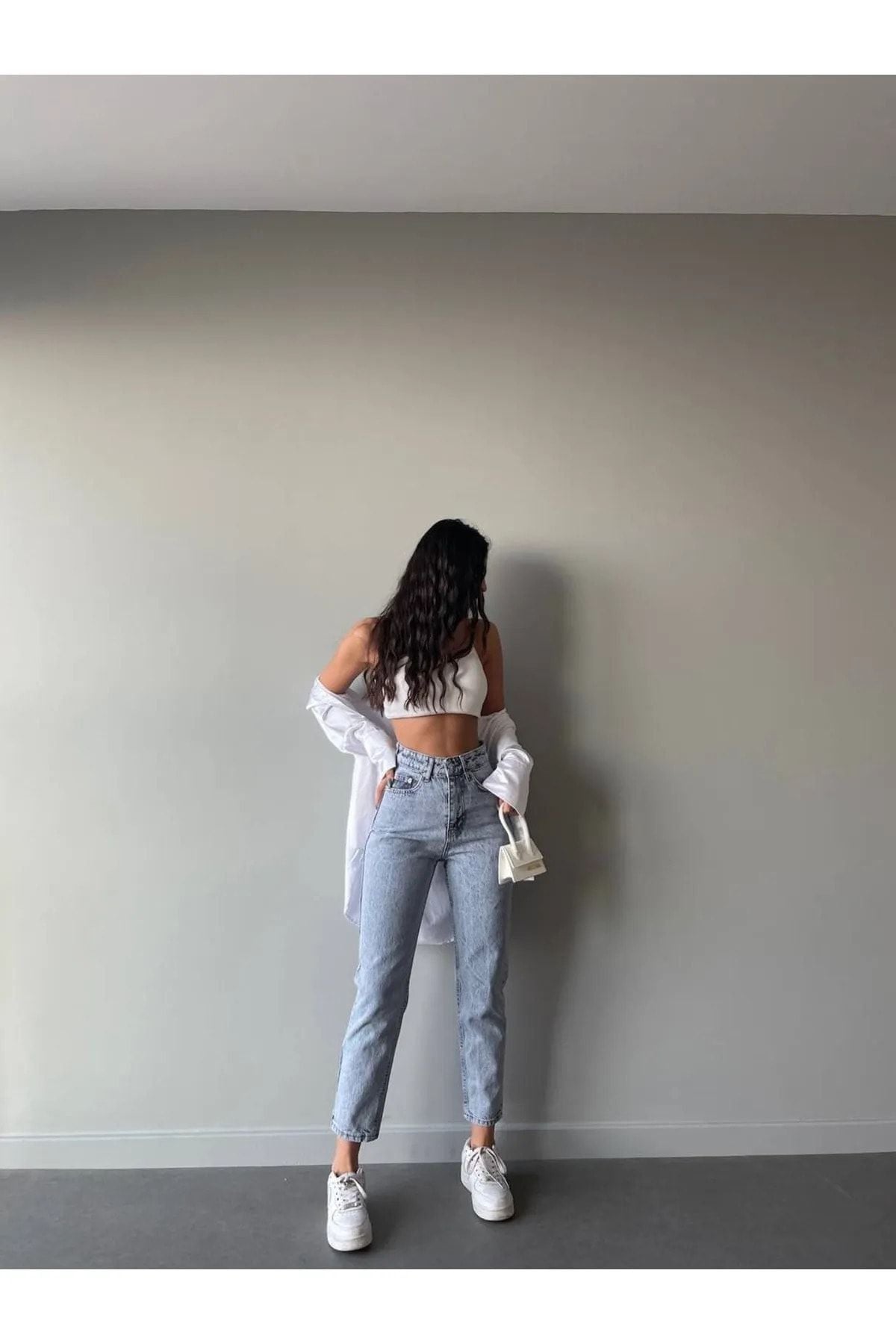 MAKRAS EXCLUSIVE Maria Kadın Açık Bej Krem Süper Yüksek Bel Comfort Likralı Mom Kot Pantalon Jeans