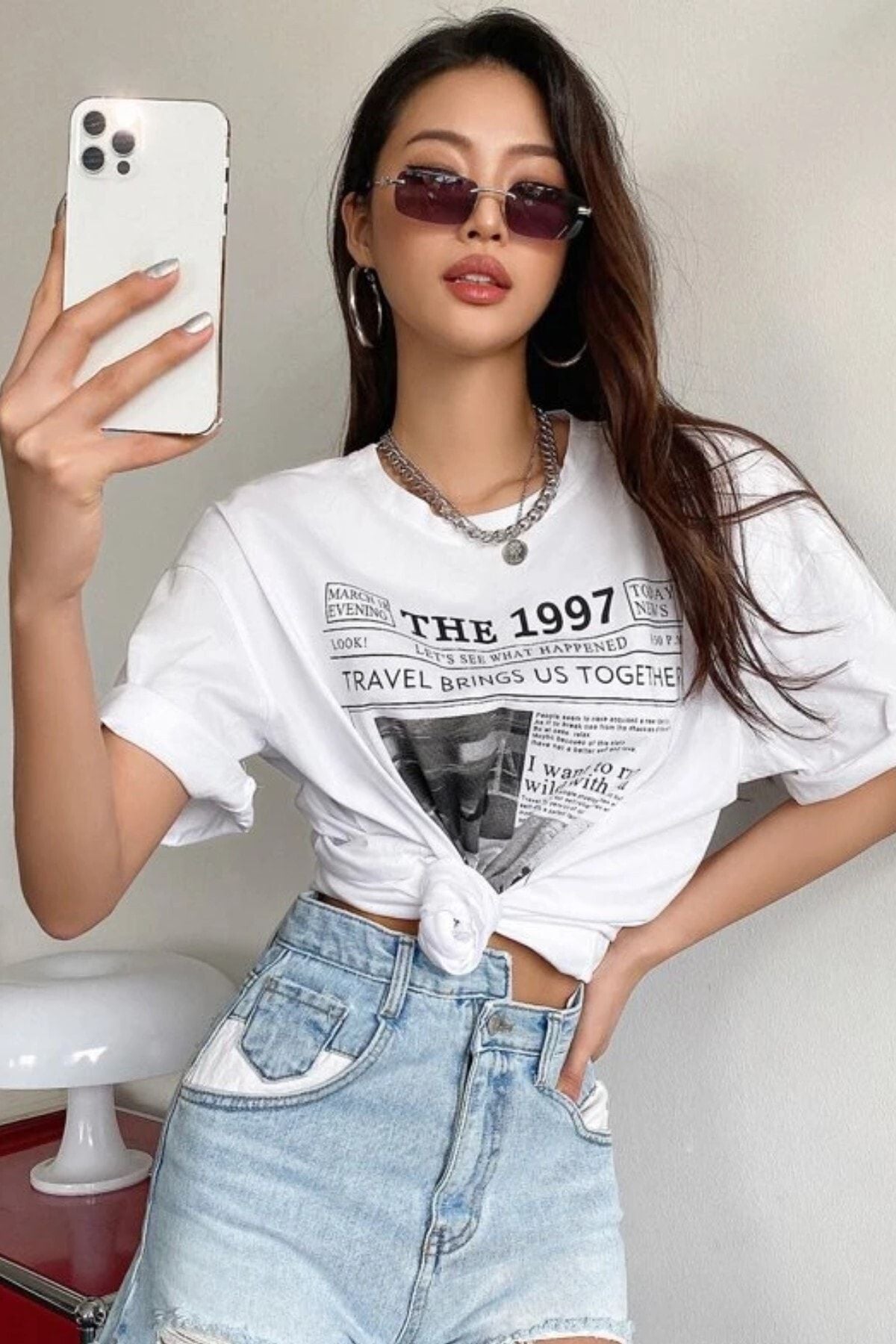 MODAGEN Kadın Bej The 1997 Baskılı Oversize T-shirt