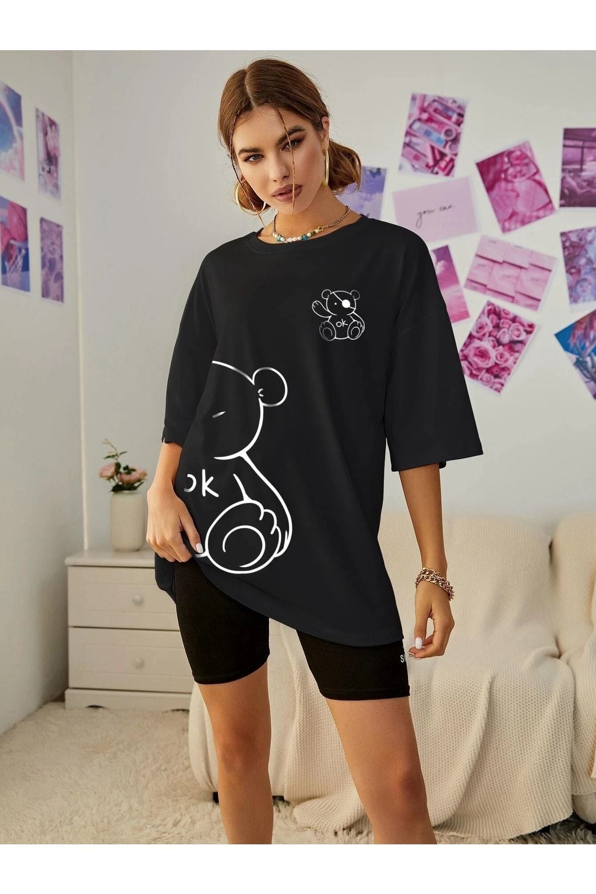 mercoledi Ayıcık Baskılı Kadın Oversize Salas T-shirt Boyfriend