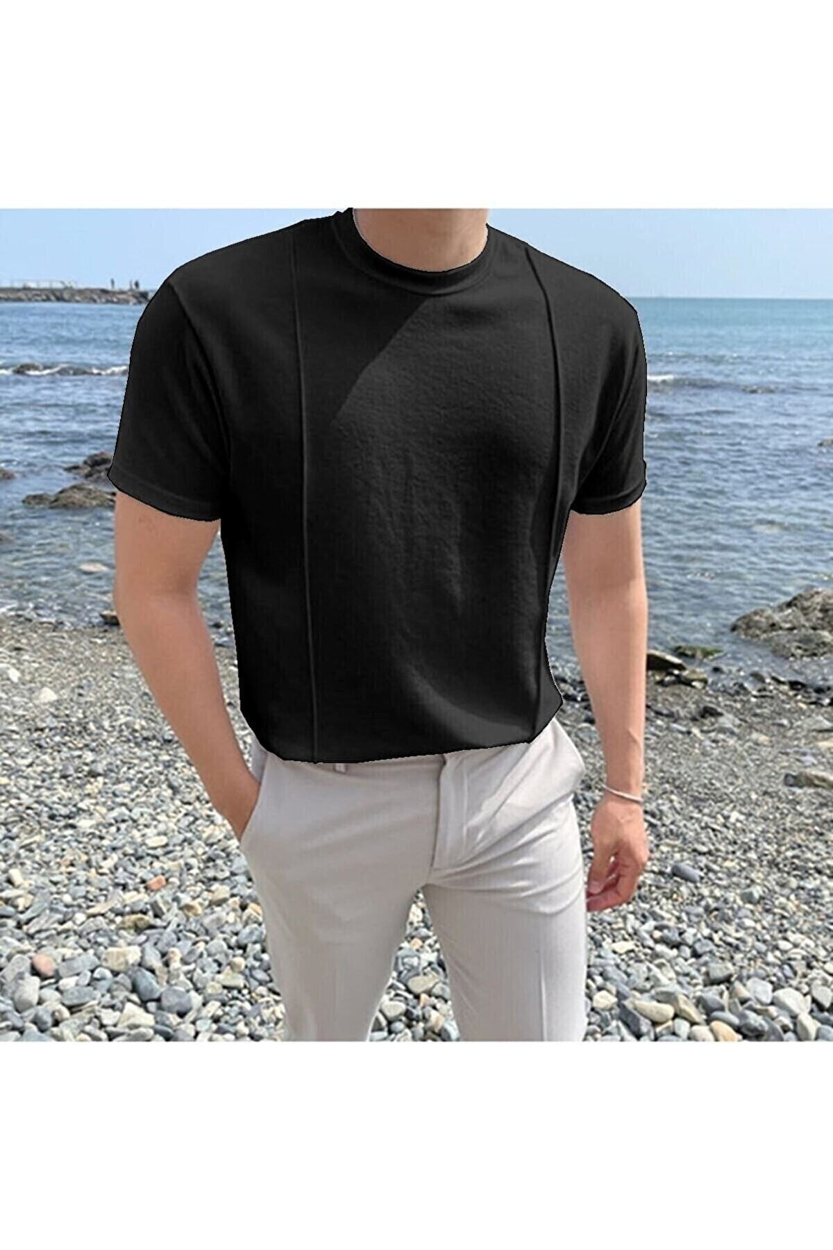 Tarz Cool Erkek Mat Siyah Kısa Kollu Fitilli Akrilik-Pamuk Karışımlı Triko T-Shirt