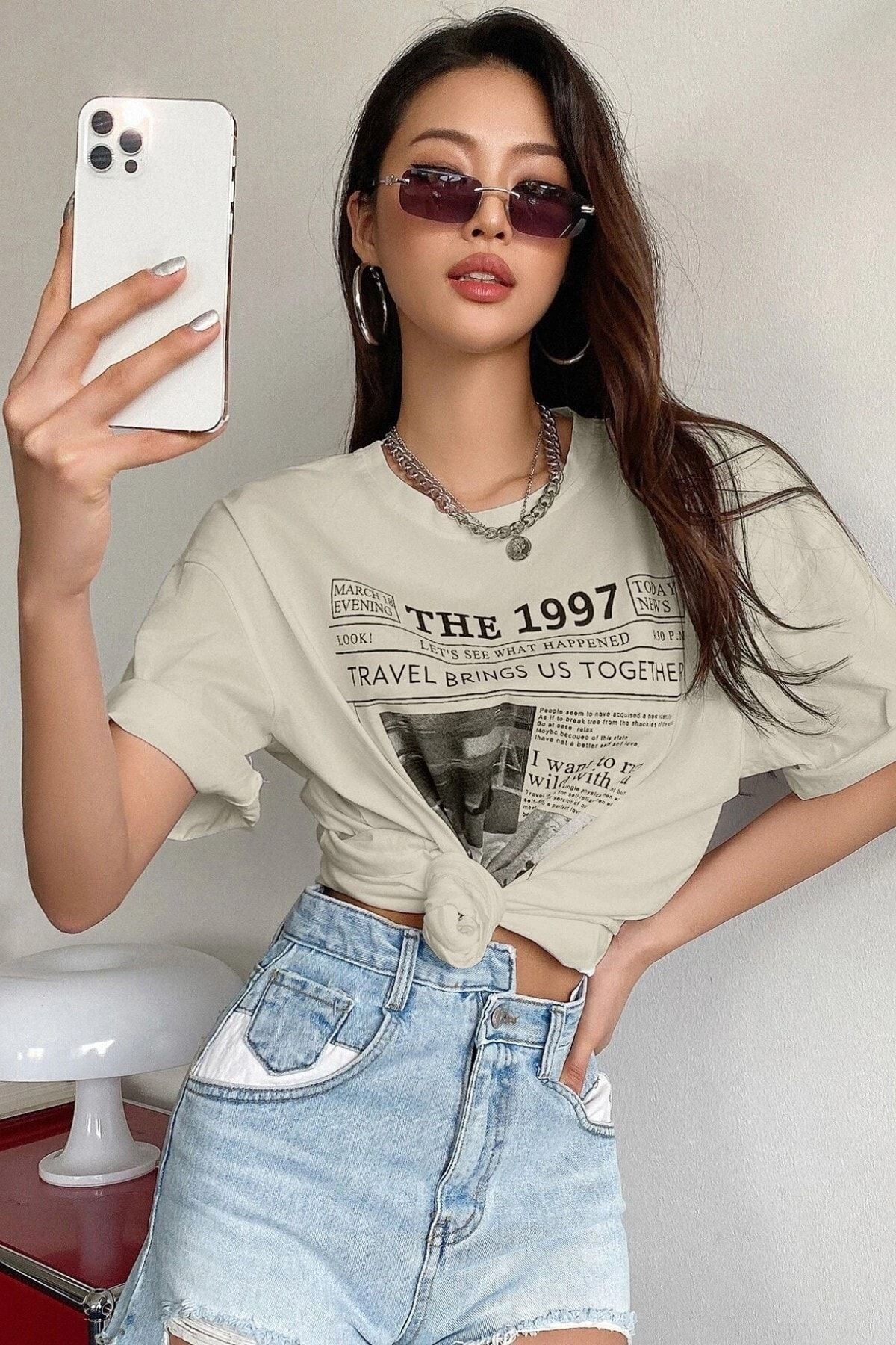 MODAGEN Kadın Bej The 1997 Baskılı Oversize T-shirt