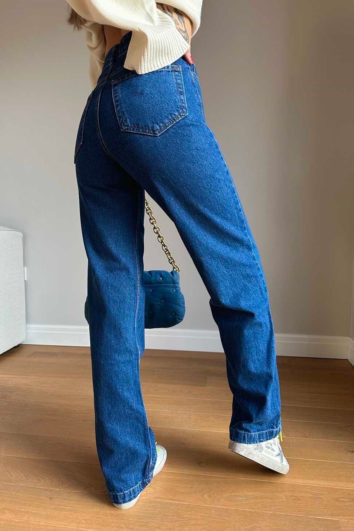 DRC trend Kadın Füme Kar Yıkama Süper Yüksek Bel Likralı Bol Paça Denim Kot Pantolon