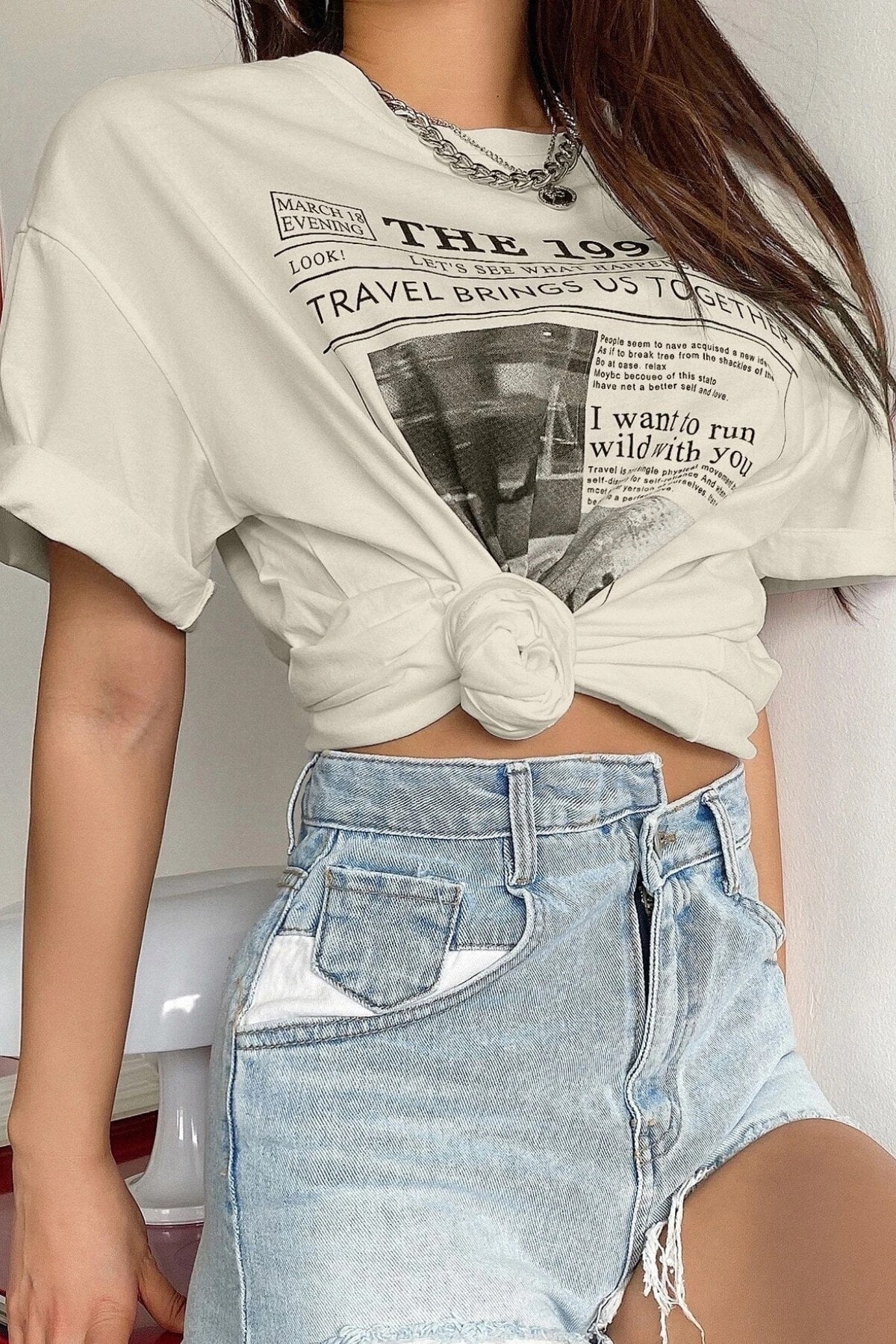 MODAGEN Kadın Bej The 1997 Baskılı Oversize T-shirt