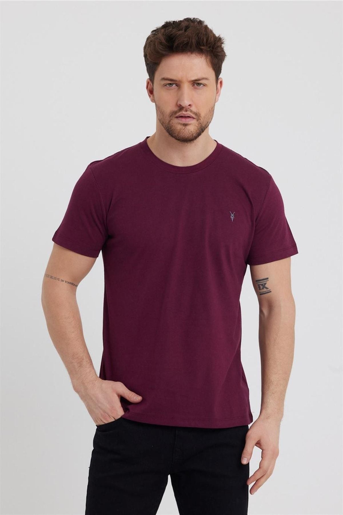 COMBINE Erkek Beyaz-Lacivert-Siyah-Haki-Gri Melanj Slim Fit Bisiklet Yaka %100 Pamuk 5'li T-Shirt