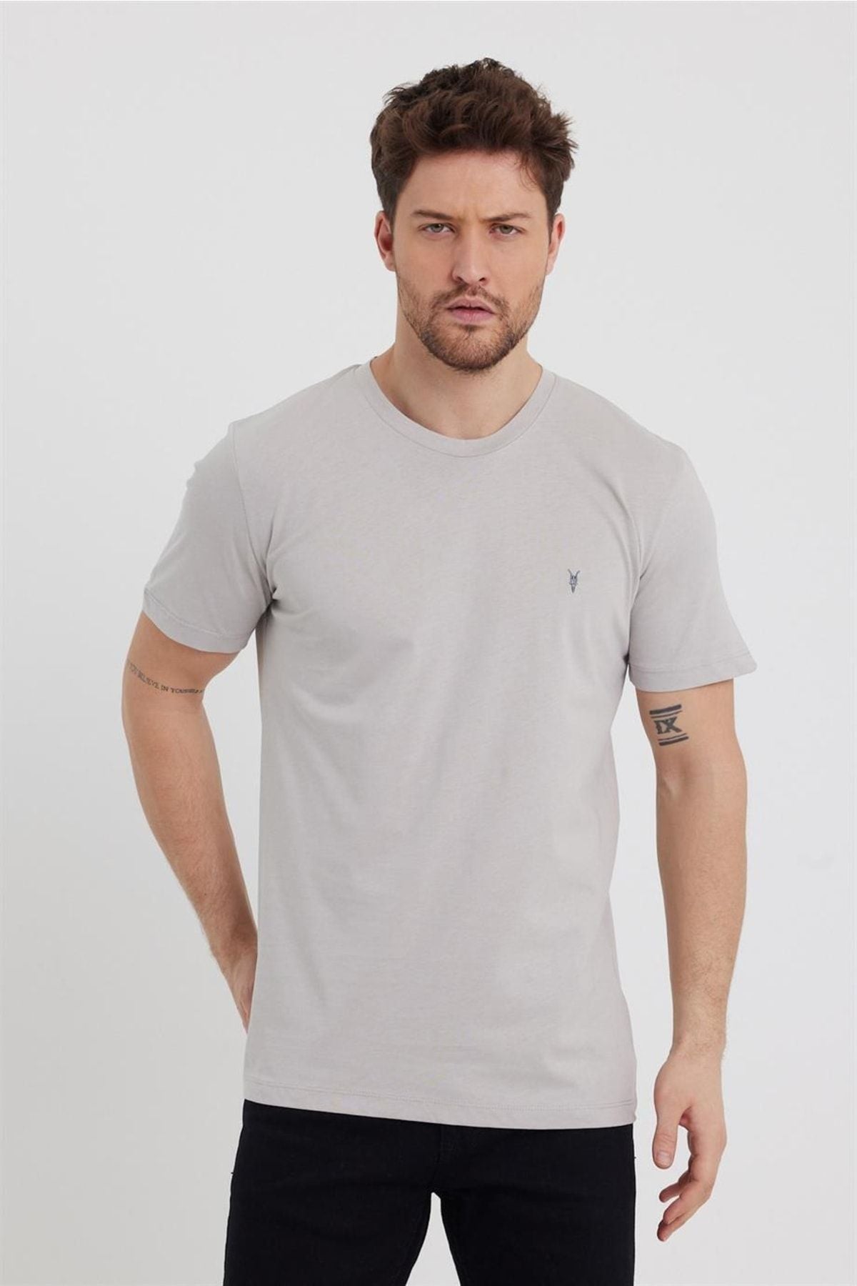 COMBINE Erkek Beyaz-Lacivert-Siyah-Haki-Gri Melanj Slim Fit Bisiklet Yaka %100 Pamuk 5'li T-Shirt