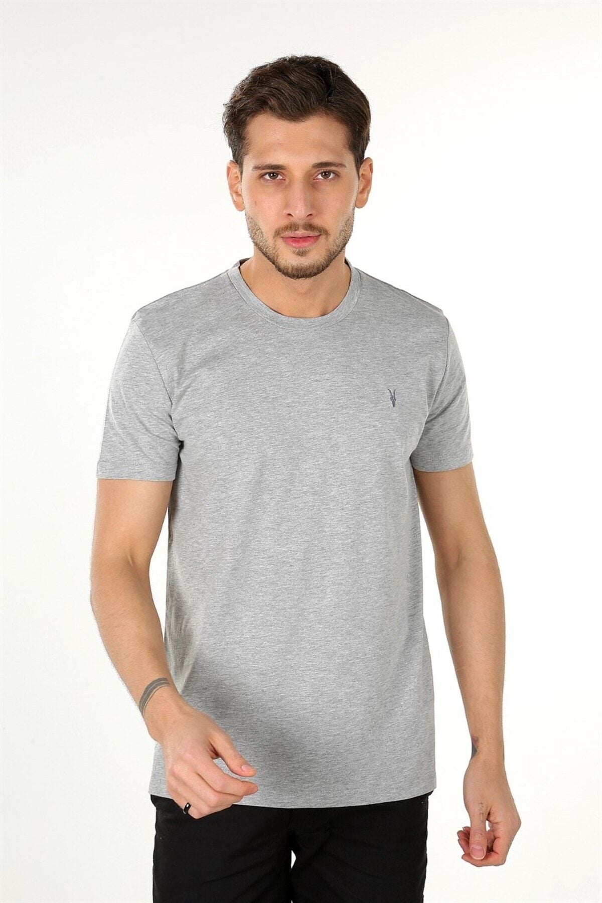 COMBINE Erkek Beyaz-Lacivert-Siyah-Haki-Gri Melanj Slim Fit Bisiklet Yaka %100 Pamuk 5'li T-Shirt